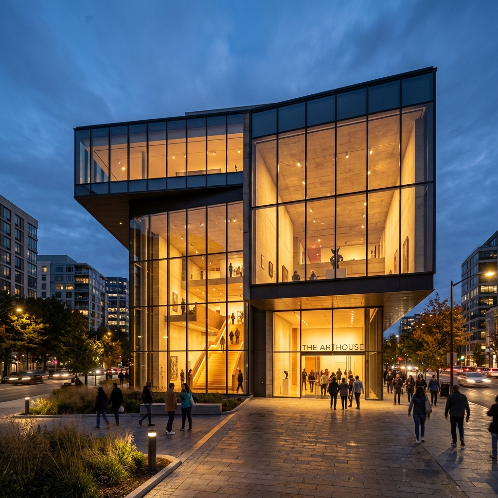 Modern museum exterior dusk